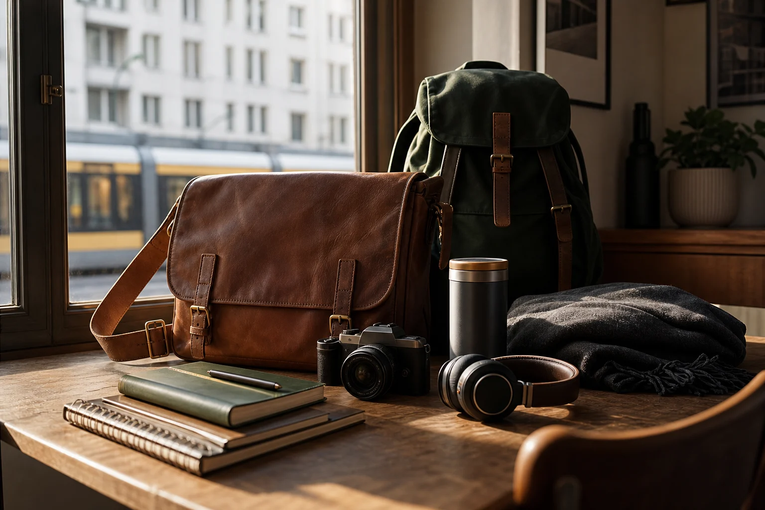 Lederwaren in einer urbanen Lifestyle-Szene mit Kamera und Notizbüchern