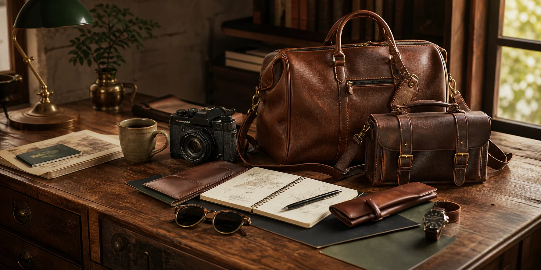 Handgefertigte Ledertaschen auf einem alten Holztisch mit Notizbuch, Kamera, Uhr, Sonnenbrille, Kaffee und warmem Tageslicht